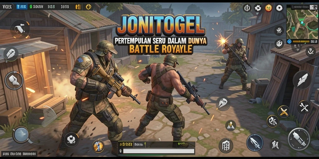 Screenshot gameplay <strong>JONITOGEL</strong> menunjukkan pertempuran intens di medan tempur Battle Royale.