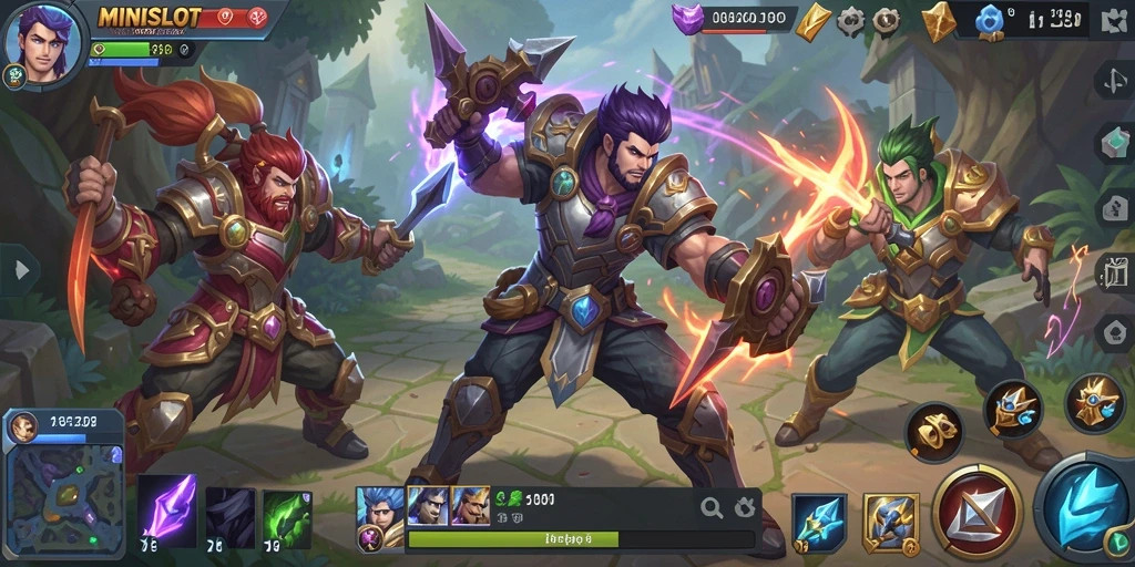 Screenshot gameplay MOBA MINISLOT dengan aksi seru dan karakter unik.