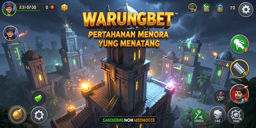 Tangkapan layar gameplay WARUNGBET menunjukkan menara yang berwarna-warni dan aksi seru.
