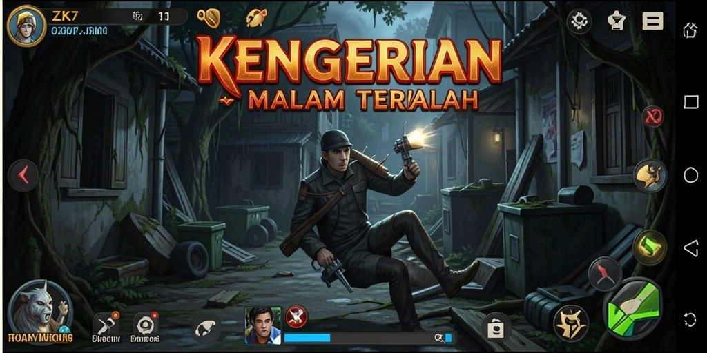 Screenshot menampilkan gameplay menegangkan dari ZK7 dalam suasana gelap.